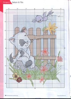 a cross stitch pattern with a cat sitting on the fence next to flowers and birds