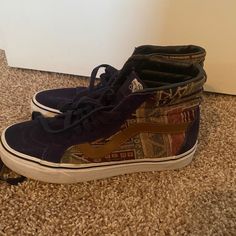 Blue Skate High Vans With Vintage Pattern On Side. Worn Only A Handful Of Times. In Almost Brand New Condition. Vintage Vans Shoes, High Vans, Sk8 Hi Vans, Van Color, Vintage Vans, Vans High Top Sneaker, Sk8 Hi, Vans Sk8, Womens Vans