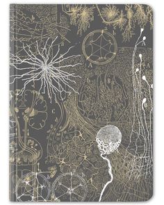 an artistic drawing in gold and black on a gray background with plants, flowers, and other things