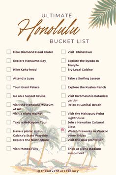 the ultimate hawaiian bucket list with palm trees and watercolors on it in brown, white