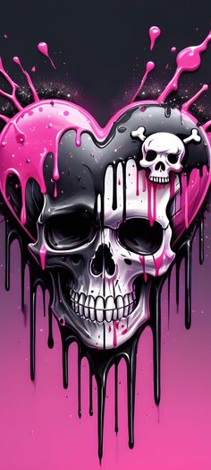 a heart shaped skull painted in pink and black