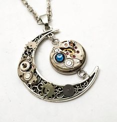 Crescent moon jewelry necklace Silver Antique Celestial pendant Steampunk Watch parts Steam punk For Space Accessories, Moon Core, Core Clothes, Unusual Gifts For Women, Celestial Pendant, Crescent Moon Necklace Silver, Time Jewelry, Crescent Moon Jewelry, Winter Necklace