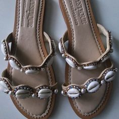 Beautiful Unique Flawless Sandals, Real Leather, Made In Indonesia. Very Detailed. Flawless! Pearls And Shells Shell Sandals, Anthropologie Shoes, Women's Shoes Sandals, Real Leather, Shoes Sandals, Anthropologie, Cowboy, Shells, Indonesia