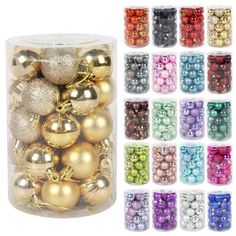 large assortment of christmas ornaments in clear container with gold, silver and red balls inside