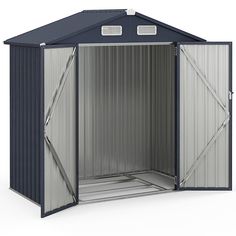 an outdoor storage shed with the door open and two windows closed, on a white background