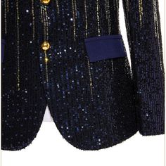 A stage effect men's dinner jacket with a gradient color sequin design. You can show your personality at parties, proms, and other occasions. Product Detail Material: 70% Polyester 30% Viscose Design One button & Flat Collar & Gold ripple-like sequin embroidery Package 1*Jacket Occasion Homecoming / Party / Dat Party Suits With Buttons And Long Sleeves, Luxury Long Sleeve Suits For Party, Luxury Party Suits, Luxury Long Sleeve Party Suits, Long Sleeve Suits For Winter Party, Royal Blue Tuxedo Suit For Party, Gold Tailored Suits For Party, Tailored Gold Suit For Party, Formal Suits For Party Season