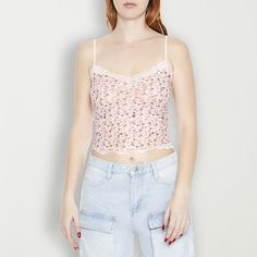 Incorporate a sweet touch to your casual outfits with this Forever 21 women's and junior's floral tank top. Made from mesh, it features a fitted-fit, spaghetti straps, a sweetheart neckline, and a delicate lace trim. Wear it with baggy jeans and sneakers for an on-trend look. Strap Type: SpaghettiFeatures: Lace TrimClosure Type: Pullover HeadFit: FittedNeckline: Sweetheart NeckSleeve Length: SleevelessFiber Content: 95% Nylon, 5% SpandexFabric Description: MeshCare: Hand Wash, Dry FlatMaterial: Flirty Pink Camisole For Spring, Flirty Spring Camisole Crop Top, Flirty Tank Top For Spring, Flirty Spring Tank Top, Trendy Stretch Camisole For Spring, Cute Spring Camisole, Pink Stretch Flirty Tank Top, Flirty Camisole Tank Top For Spring, Flirty Pink Cami Tank Top