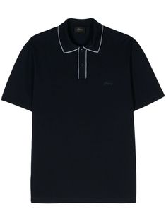 midnight blue cotton piqué weave contrasting trim embroidered logo at the chest polo collar front button placket short sleeves straight hem Luxury Blue Relaxed Fit Polo Shirt, Brioni Men, Contrasting Trim, Cotton Polo Shirt, Camisa Polo, Cotton Polo, Polo Collar, Polo Shirts, Button Placket