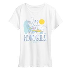 a women's white shirt with the words honolulu on it and a cartoon character riding a surfboard