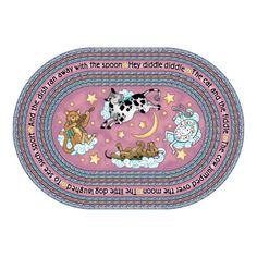 an oval rug with animals and stars on the border is shown in pink, blue, and purple