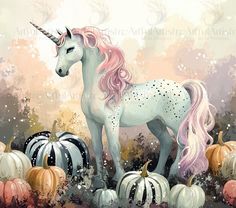 a painting of a unicorn surrounded by pumpkins