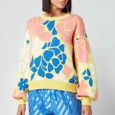 Karli Sweater With Yellow Banana Leaf Print. A Slightly Oversized Fit With Long Sleeves And Dropped Shoulders. Rib-Knitted Neck And Cuffs. Stine Goya Sweater, Leaf Sweater, Banana Leaf Pattern, Yellow Banana, Banana Leaf Print, Floral Trousers, Stine Goya, Mohair Sweater, Sweater Brands