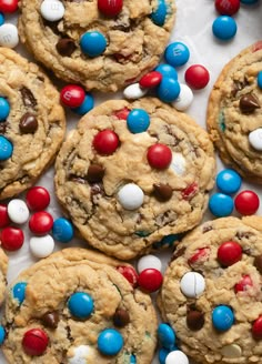 chocolate chip cookies with m & m candy on top