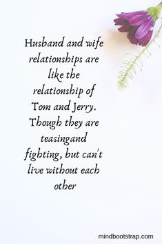 a purple flower sitting on top of a white table next to a quote that says husband and wife