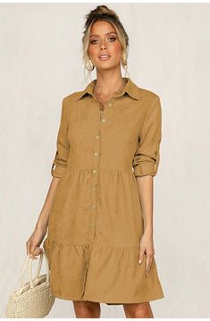 Turn Down Office Long Sleeve Mini Dress Casual Solid Color Shirt Dress For Fall, Casual Solid Dress With Button Cuffs, Casual Solid Color Mini Dress With Collar, Casual Collared Mini Dress In Solid Color, Casual Beige Shirt Dress With Buttons, Solid Mini Dress With Buttons For Fall, Casual Beige Mini Dress With Buttons, Fall Solid Mini Dress With Buttons, Casual Solid Color Button-up Mini Dress