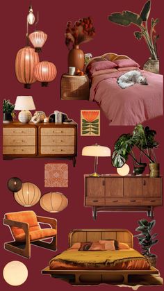 a collage of furniture and decor in shades of pink, red, yellow, orange