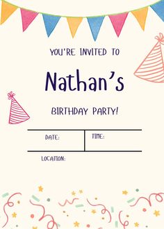 a birthday party card with balloons and streamers