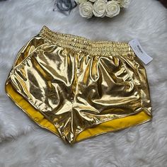 The Perfect Gold Shorts Size Xxl Please See Measurements. Has Pockets! These Shorts Are So Amazing! A Metallic Dream! #Goldshorts #Metallic #Guilded #Gold Gold Bottoms With Built-in Shorts For Summer, Gold Stretch Bottoms Short Length, Gold High-waisted Shorts For Summer, Summer High-waisted Gold Shorts, Gold Stretch Summer Shorts, Gold Stretch Short Bottoms, Gold Bottoms For Summer Vacation, Trendy Gold Shorts For Spring, Spring Beach Gold Bottoms