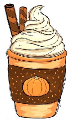 a drawing of a cup with whipped cream and pumpkins on the top, sitting in front of a white background