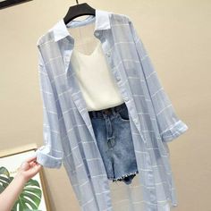 Beautiful Cool And Comfortable Button Shirt Polyester Knee Length Prom Dress, Striped Tops Women, Korean Casual Outfits, Blue Plaid Shirt, Trendy Fashion Tops, Shirt Female, Muslim Fashion Outfits, Tween Outfits, Ulzzang Fashion