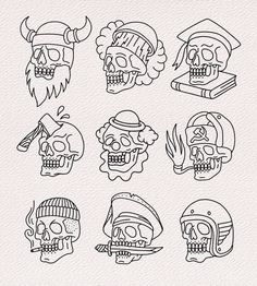 skulls with hats and beards are drawn in black ink on white paper, including one skull