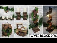 this is a collage of photos with plants and candles on it, including a wooden spiral staircase