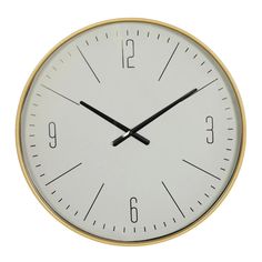 a white and gold clock with black hands on a white background, showing the time