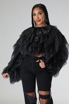 Plus Size Black Long Sleeve Ruffle Tulle Crop Top Blouse  | eBay Ruffle Sleeve Blouse With Ruffles For Parties, Party Blouse With Ruffle Sleeves, Chic Ruffle Sleeve Blouse For Party, Chic Ruffled Tops For Evening, Chic Evening Tops With Ruffles, Elegant Ruffled Tops For Night Out, Fall Tops With Ruffle Sleeves And Details, Chic Ruffle Sleeve Top For Party, Chic Ruffle Sleeve Party Top