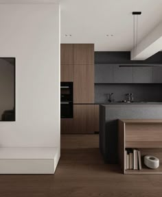 a modern kitchen with wood flooring and white walls