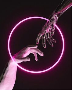 two hands reaching for a glowing object in the middle of a circle with pink neon lights