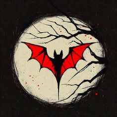 a bat flying through the air over a white and black circle with red splats