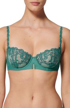 Lace demi cups offer divine comfort and a flattering shape in a bra that has the makings of an everyday favorite. 56% polyamide, 36% polyester, 8% elastane Hand wash, dry flat Imported Fitted Green Underwire Bra, Green Push-up Bra With Padded Cups, Fitted Green Bra With Padded Cups, Elegant Green Push-up Bra, Elegant Green Bra With Padded Cups, Elegant Green Underwire Bra, Demi Cup, Simone Perele, Demi Bra