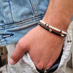 White freshwater pearls with sterling silver spacers and large special fastening (available in  14K gold plated) for you the groom who is looking for a unique accessory on your wedding day. Classic but unique with a timeless quality. 𝗦𝗶𝘇𝗲𝘀: There are different sizes for the bracelets 5.8" (14.7 cm) 6.4" (16.2 cm) 7.3" (18.5 cm) This bracelet is intended to be layered, which means this bracelet will complement pieces you already own. * Choose your bracelet size by measuring your wrist and ad Modern White Bracelets With Round Beads, Modern White Round Bead Bracelets, Modern White Round Beads Bracelets, Modern White Round Beaded Bracelets, Classic Adjustable Beaded Bracelets With Silver Beads, White Modern Beaded Bracelets, Modern White Beaded Bracelets, Modern Adjustable Pearl Bracelet, Modern White Beaded Bracelet