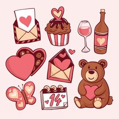 valentine's day clipart set with teddy bear, heart, cupcake and other items