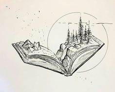 an open book with trees and mountains on it