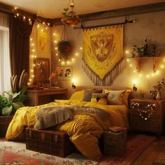 a bedroom decorated in yellow and brown with fairy lights