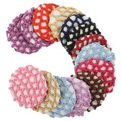 several colors of crocheted hair ties are arranged in a circle on a white background