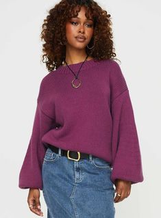 Harmony Knit Sweater Burgundy Maroon Sweater Outfit, Balloon Sleeve Sweater, Friday Outfit, Purple Fits, Dream Closets, Sweater Oversized, Purple Outfits, Sweater Oversize, Fall Clothes