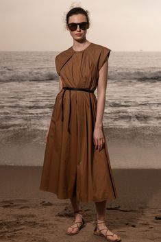 Alice Dress - Tan Shirting | Heidi Merrick Summer Midi-length Belted Dress With Pleated Waist, Chic Belted Knee-length Dress With Pleated Waist, Chic Knee-length Belted Dress With Pleated Waist, Elegant Brown Belted Midi Dress, Belted Brown Dress For Work, Spring Midi Belted Dress With Belt Detail, Brown Belted Dress For Spring, Summer Belted Dress For Workwear, Spring Brown Dress With Belt