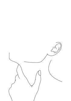 a line drawing of a person's head and hand holding something in the air