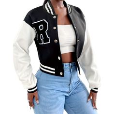 A premium quality Crop varsity bomber jacket with any kind of customization such as your own design, custom size, color, Chenille patches, direct embroidered logos and patches, Sublimation patches, Distressed embroidered patches etc. Outer Shell Made with high quality Wool  With Original Cowhide Leather Sleeve Inside 100 Percent Polyester Quilted lining 7 Twitch buttons on front Two side Leather Bone Pockets Knitted Ribb on neck, cuffs and waist belt Stile Preppy, Spring Coat, Baseball Women, Collar Cardigan, Casual Vest, Baseball Jacket, Casual Coat, Long Sleeves Jacket, Wool Jacket