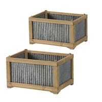 two wooden planters with metal liners on them