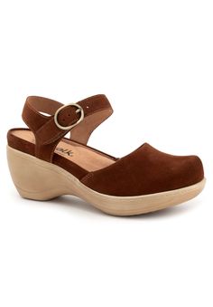 Mabelle is a cute ankle style wedged sandal with an adjustable buckle for an easy fit. The removeable cushioned footbed allows a fit for everyday use.Leather Upper2mm latex LiningRubber OutsoleBrush Sueded Microfiber Footbed2 1/4" Heel heightDressy Mule available in sizes N 7-11 M 5-11, 12 W 6-11, 12 WW 6-11, 12 | Wide Width Women's Mabelle Dressy Mule by SoftWalk in Chestnut Suede (Size 9 W) Casual Low Heel Wedge Sandals With Buckle Closure, Casual Low Heel Wedge Sandals With Buckle, Comfortable Closed Toe Wedge Sandals With Buckle, Brown Wedge Sandals With Arch Support And Round Toe, Adjustable Brown Clogs With Buckle Closure, Wedge Dress Shoes, Arch Support Shoes, Orthopedic Shoes, Wide Width Shoes