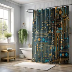 a bathroom with a bathtub, sink and shower curtain that has circuit board printed on it