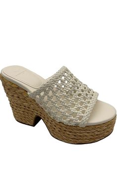 Style: Hollis Caged woven design, almond open toe, slide-in style Approximately 3.86"H wedge heel Fit: true to size Man-made materials Woven Design, Slide In, Marc Fisher, Wedge Heels, Heeled Mules, Shoes Women Heels, Open Toe, Almond, Shoes Heels