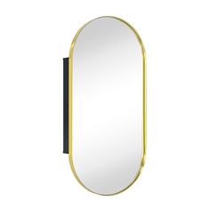 an oval mirror with a black frame and gold trim on the front, against a white background