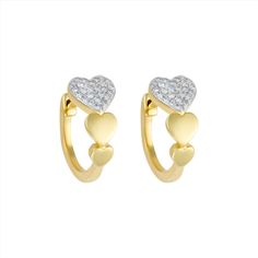 Graduated 14k yellow gold heart huggies with one large pave diamond heart. Dimension: .50" inch White Gold Heart Huggie Earrings For Anniversary, White Gold Huggie Heart Earrings For Anniversary, Yellow Gold Diamond Double Heart Earrings, Yellow Gold Heart Huggie Earrings For Anniversary, Valentine's Day Heart Shaped 14k Gold Huggie Earrings, Valentine's Day Heart-shaped 14k Gold Huggie Earrings, Heart-shaped Yellow Gold Huggie Earrings For Anniversary, Heart-shaped 14k Gold Huggie Earrings For Valentine's Day, Valentine's Day 14k Gold Huggie Earrings