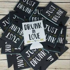 black and white coasters with the words drunk in love, just drunk on them