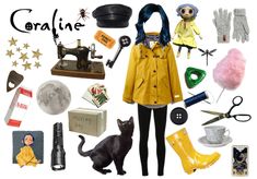 a collage of clothes and accessories including a sewing machine, cat, hat, gloves, scissors, socks, hair clippings