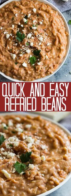 two bowls filled with baked beans and garnished with parsley